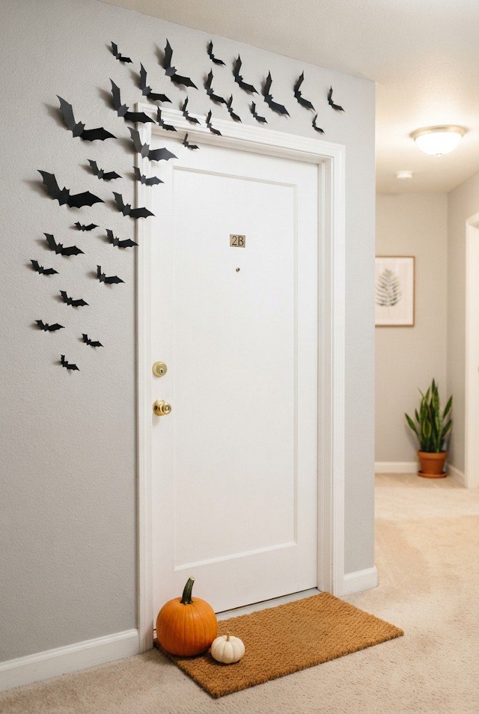 Black paper bats flying around an apartment door frame