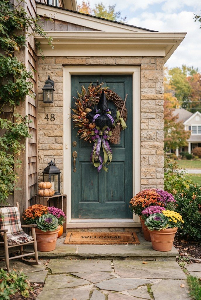 Wreath with a witch hat and purple ribbon on a door