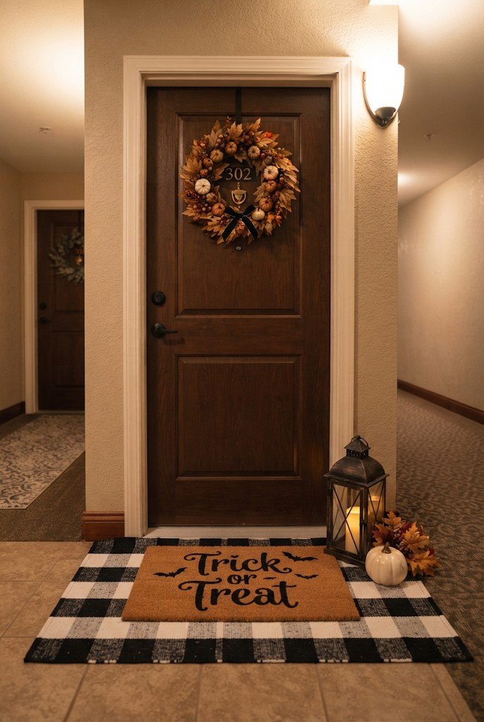 Layered Halloween doormat over a striped rug at an apartment door