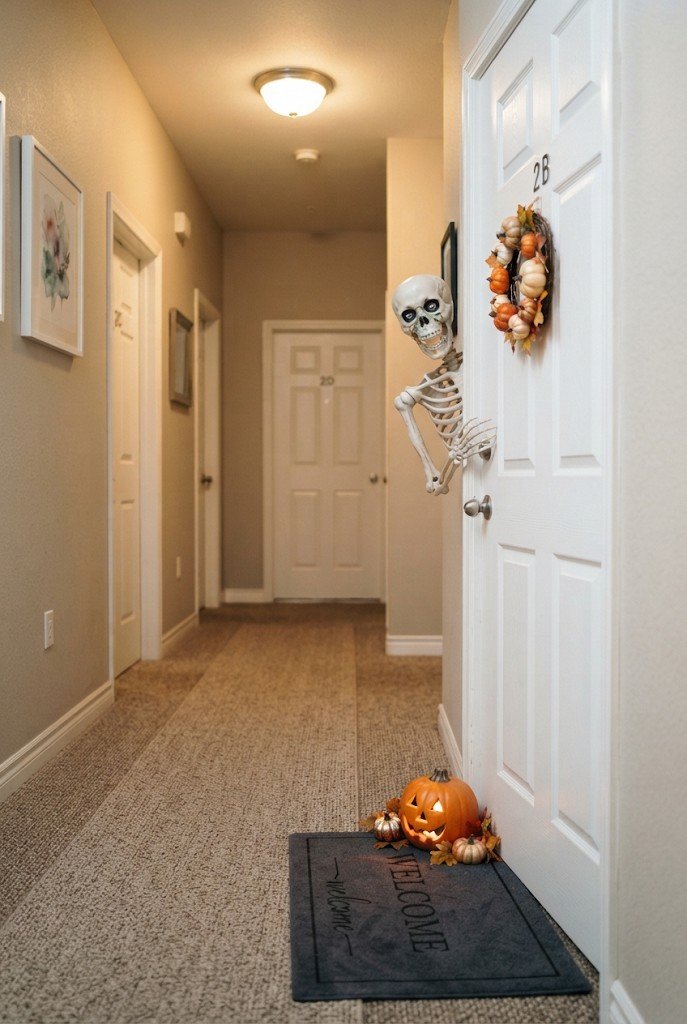 Skeleton peeking around an apartment door frame