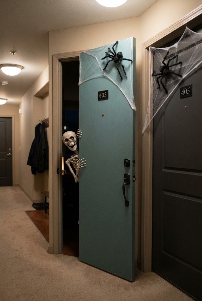 Spiderweb with a big spider in an apartment door corner