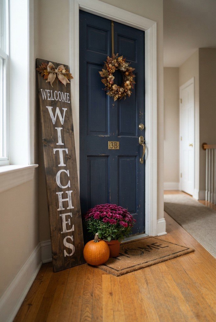 Wooden Halloween welcome sign leaning beside an apartment door