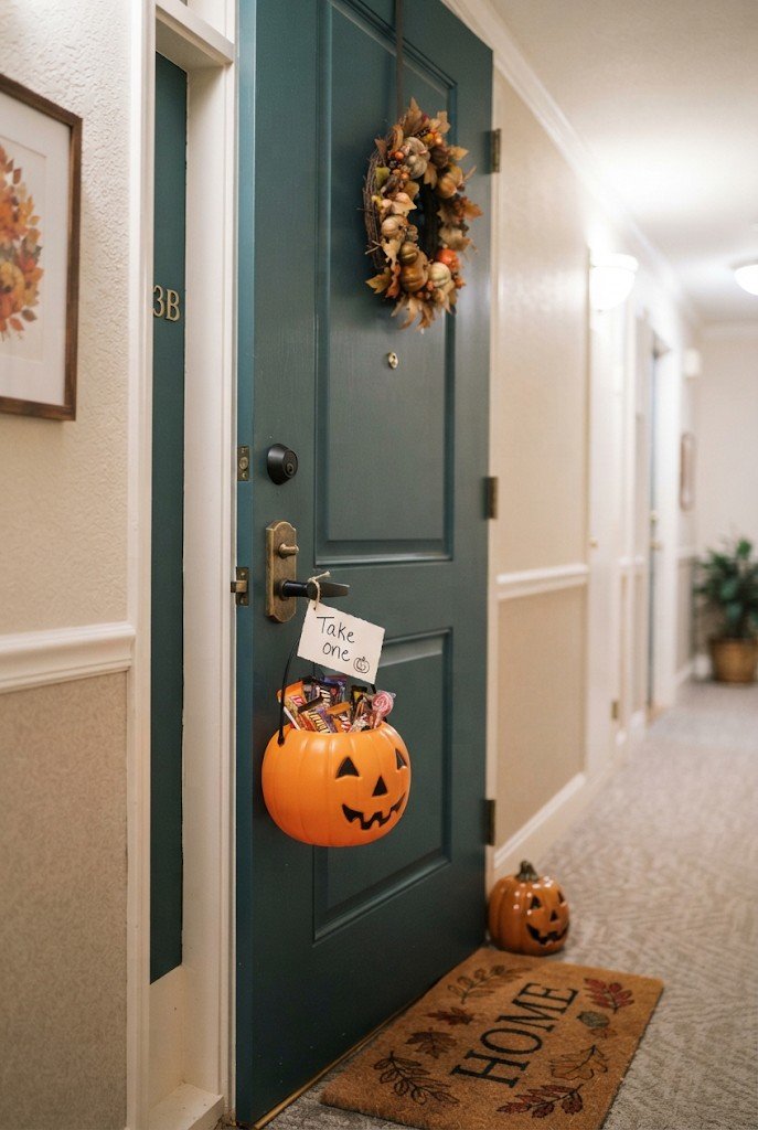 Candy bucket hanging on an apartment door handle
