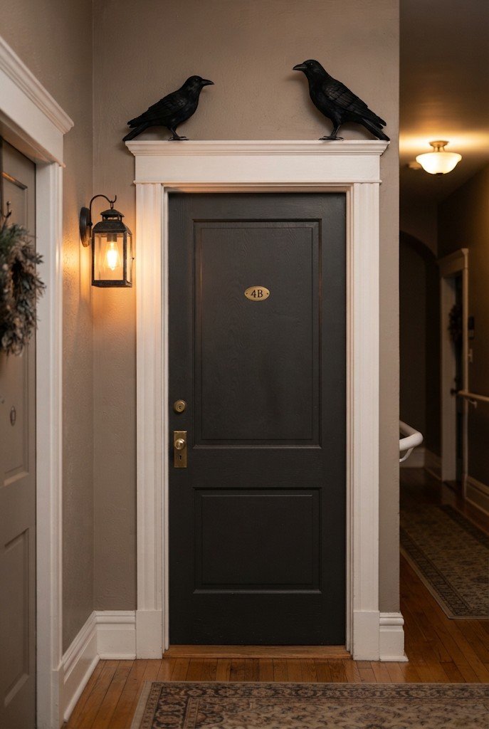 Two faux black ravens perched on the trim above an apartment door