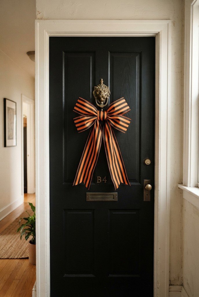 Black and orange striped bow tied on a brass door knocker