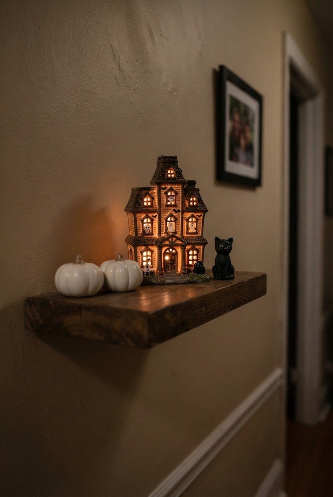 Mini haunted house village display on a small shelf by an apartment door