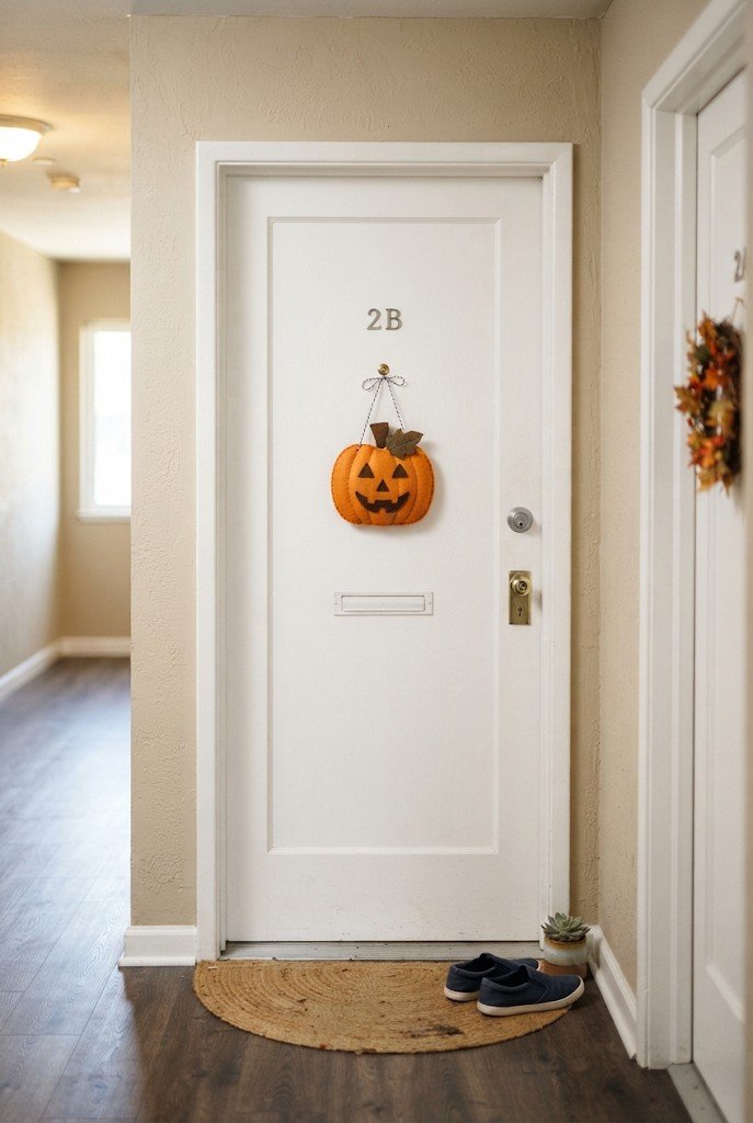 Felt jack-o'-lantern door hanger on an apartment door