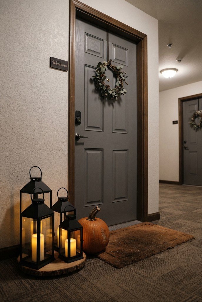 Three black lanterns with LED candles glowing beside an apartment door