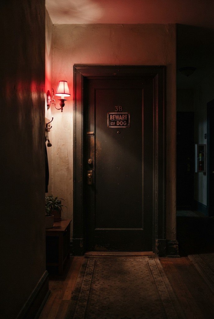 Apartment door lit with red light and a Beware sign at night
