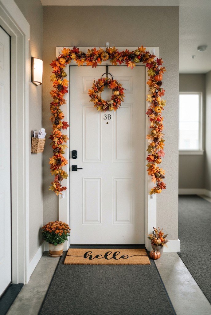 Faux pumpkin and leaf garland framing an apartment door