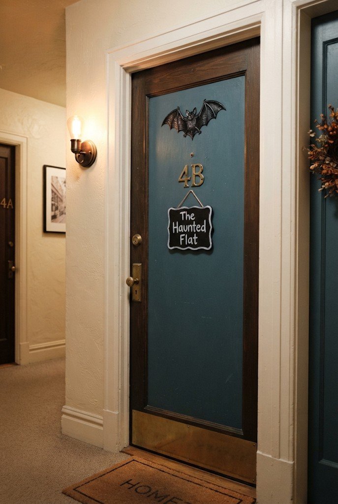 Spooky temporary sign under an apartment number plate