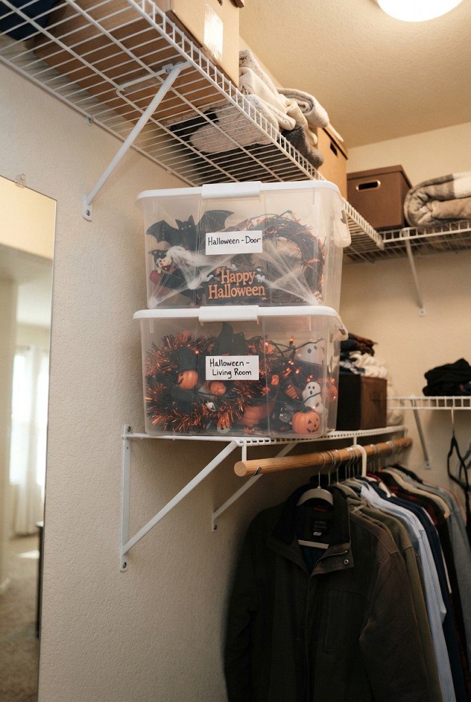 Clear storage bins labeled Halloween stacked on a closet shelf