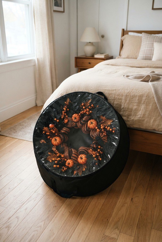 Round wreath storage box with a Halloween wreath inside