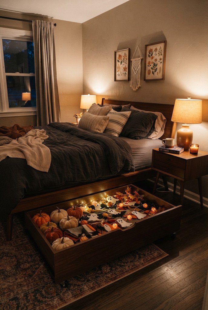 Under-bed rolling bin with Halloween decor