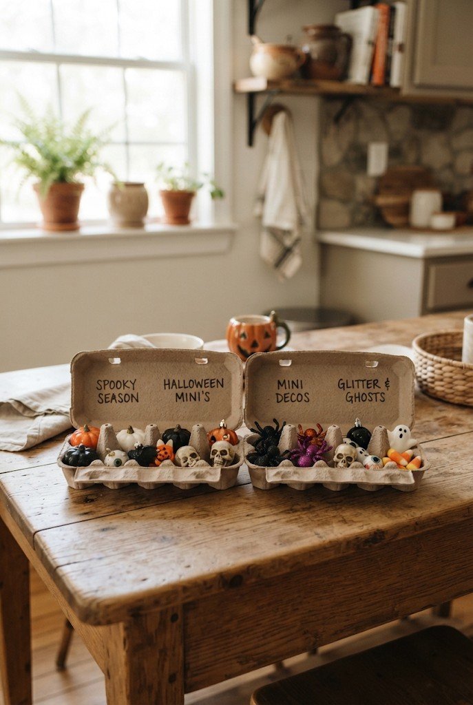 Egg cartons used to store small Halloween ornaments