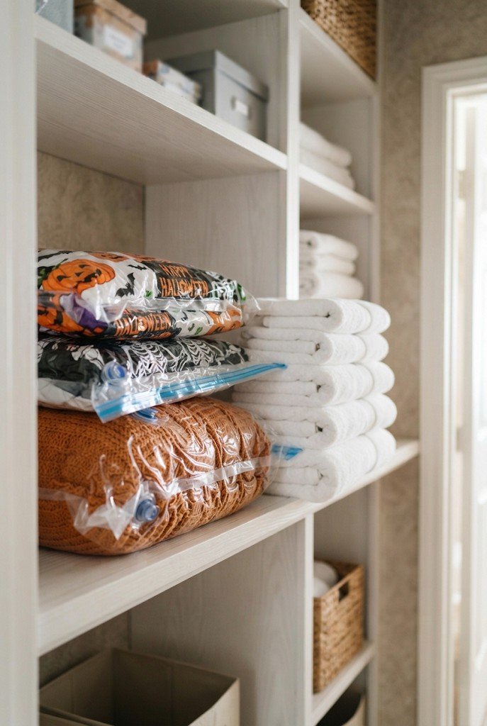 Vacuum storage bags with Halloween pillows and blankets