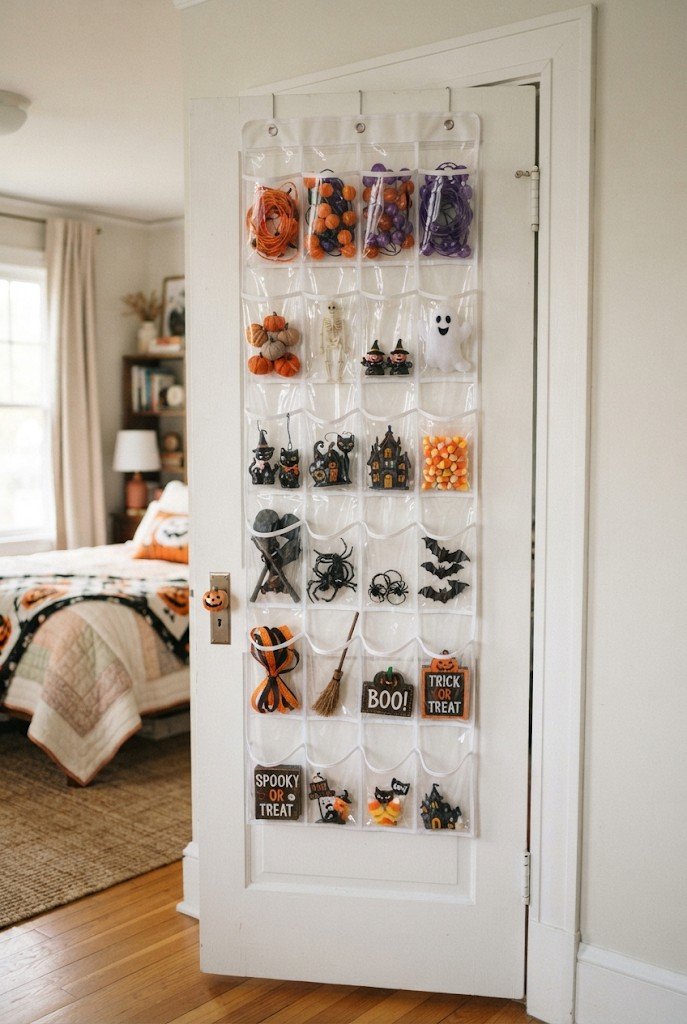 Clear hanging shoe organizer filled with small Halloween decor