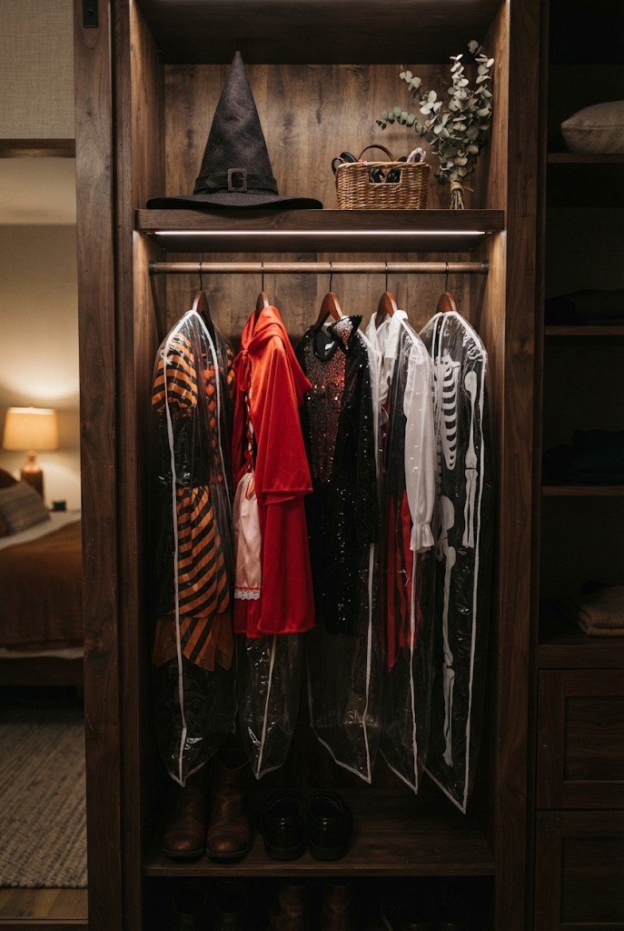 Clear garment bags with Halloween costumes in a closet