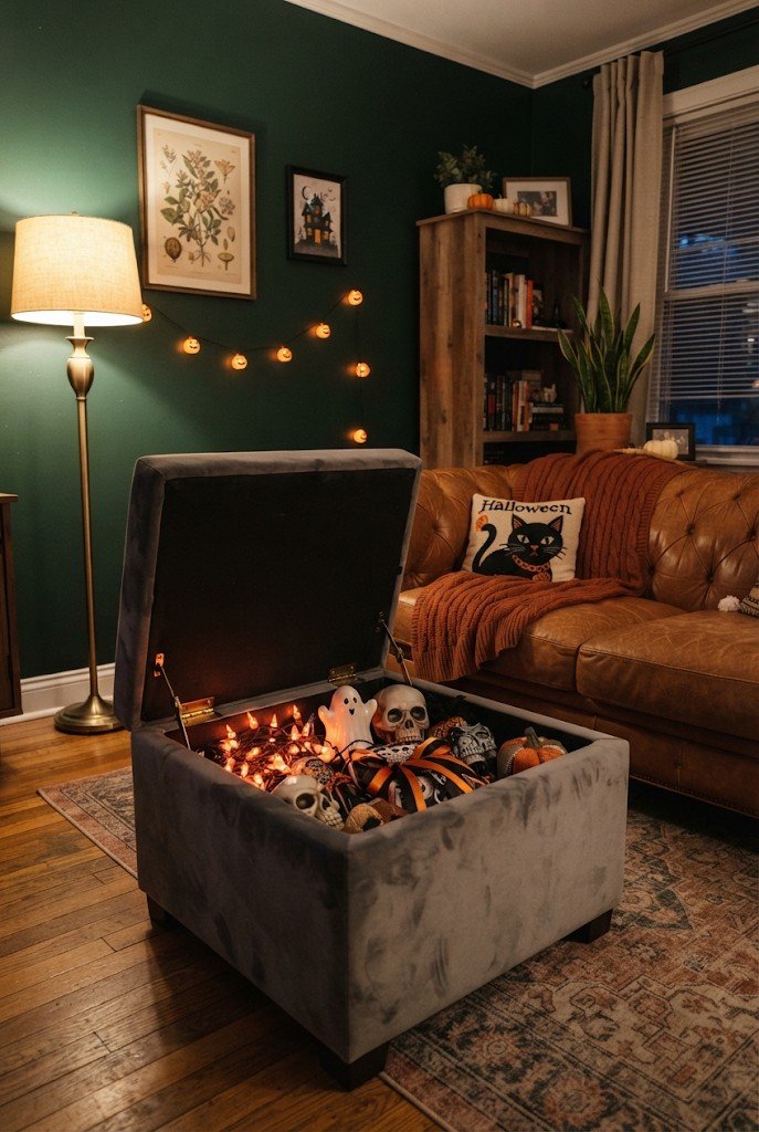 Storage ottoman opened showing Halloween decor inside