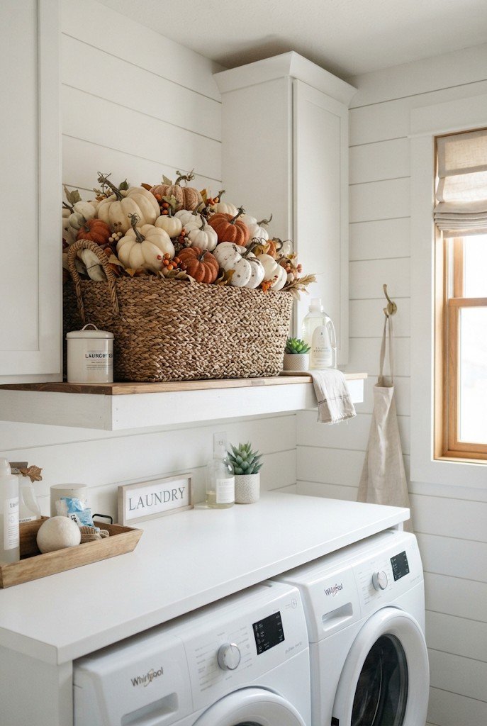 Woven basket filled with faux pumpkins on a shelf