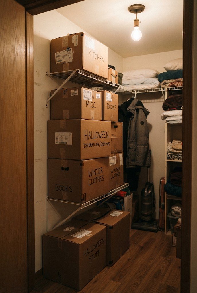 Labeled cardboard boxes of Halloween decor stacked in a closet