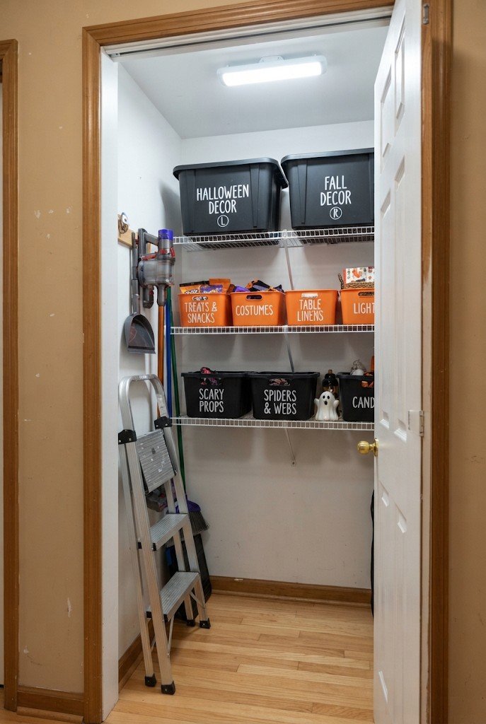 Utility closet shelves holding labeled Halloween bins