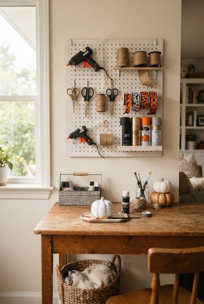 Pegboard with craft supplies for Halloween decor