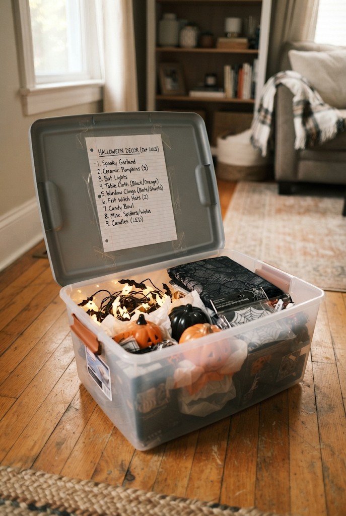 Storage bin with an inventory list taped inside the lid