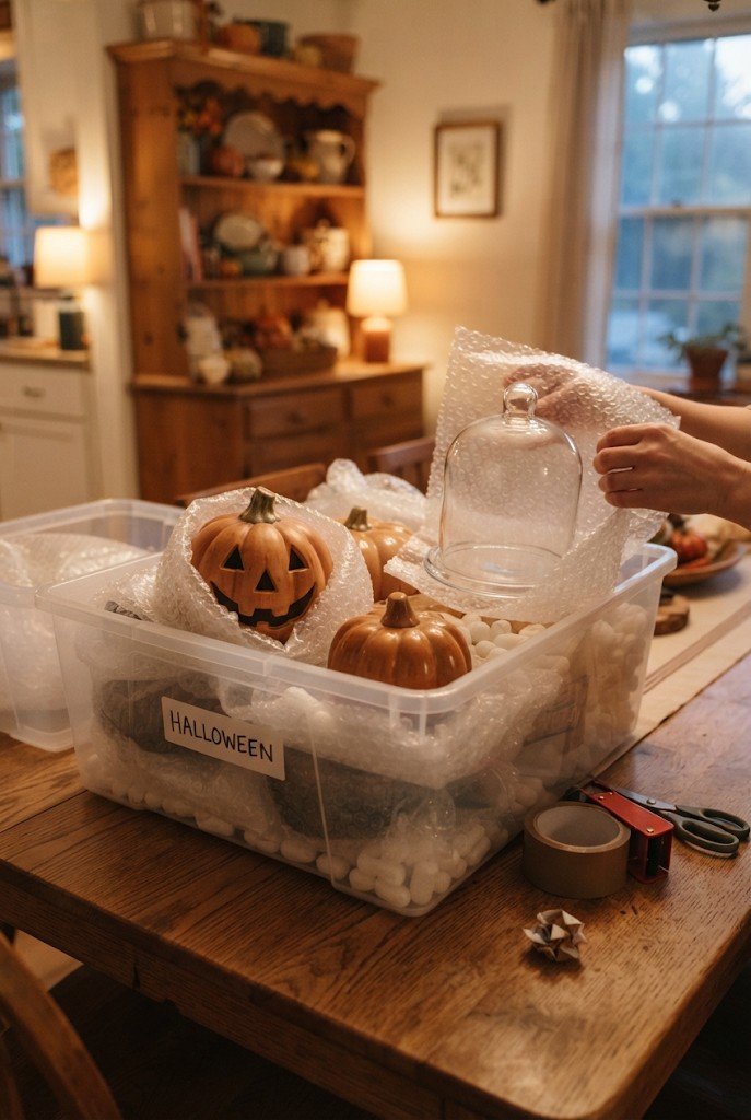 Ceramic Halloween decor wrapped in bubble wrap