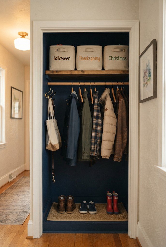 Hall closet shelf with seasonal bins labeled by holiday