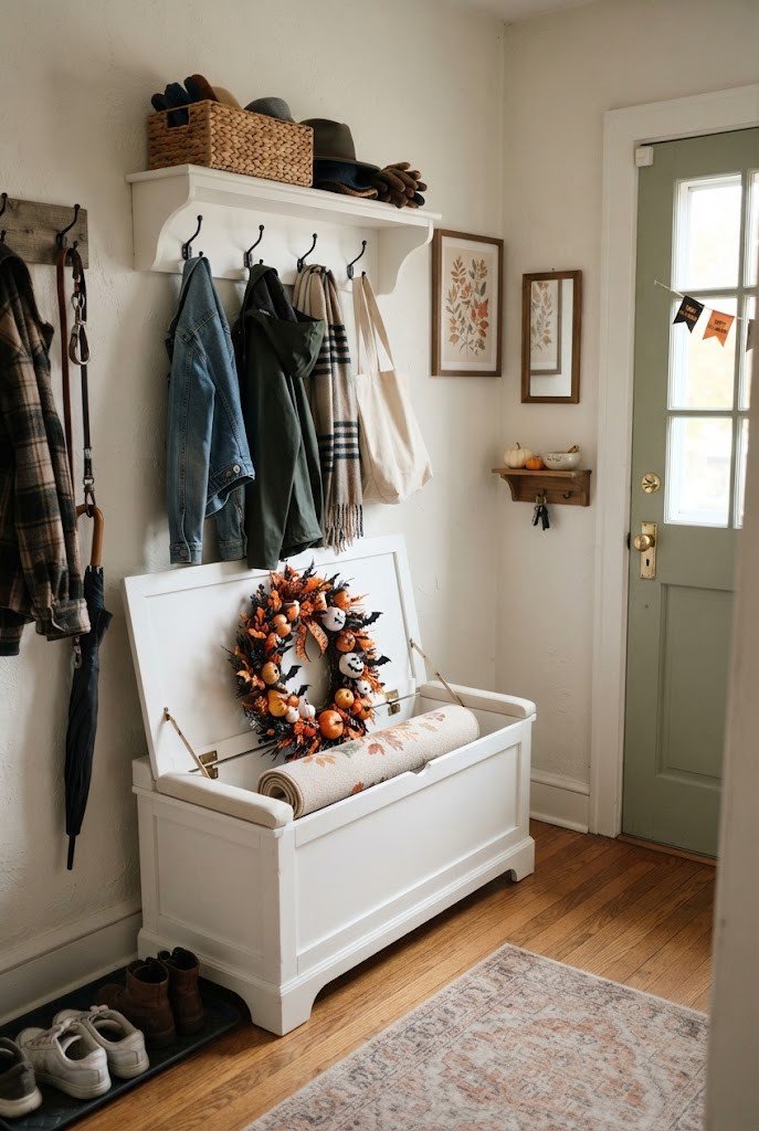 Entry storage bench with Halloween door decor inside