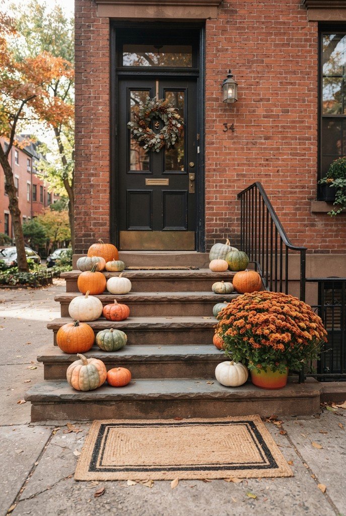 Uncarved pumpkins in white, green and orange on porch steps