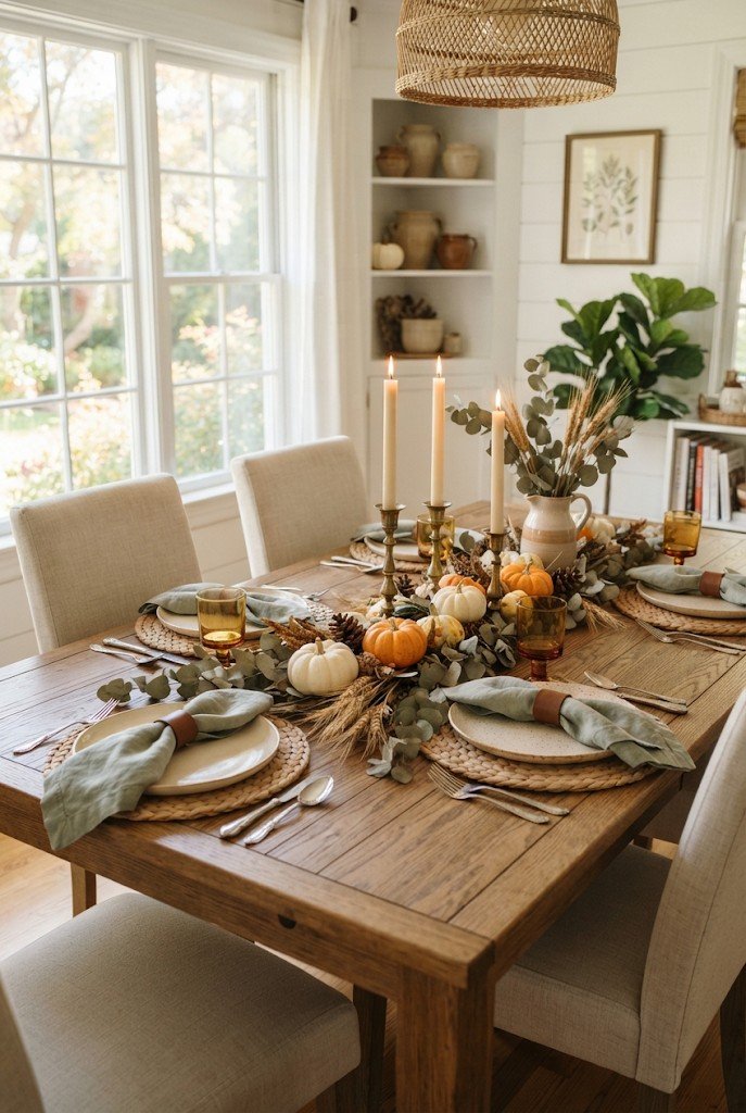 Brass candlesticks with cream taper candles on a dining table