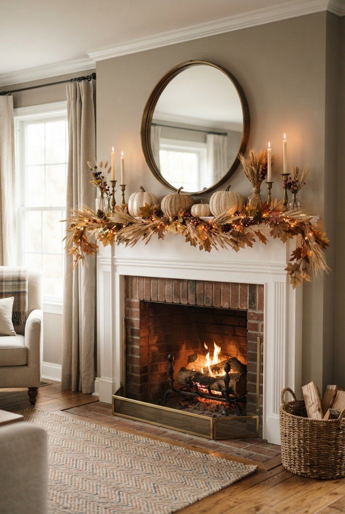Harvest mantel with wheat, leaves and pumpkins