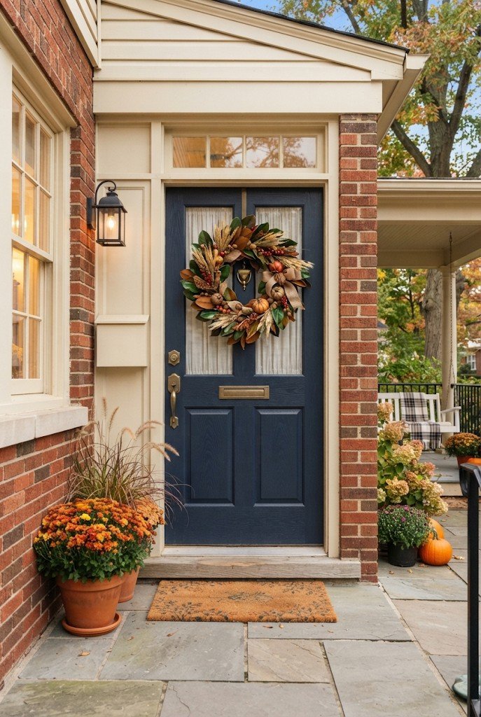 Fall harvest wreath with magnolia leaves and berries on a door