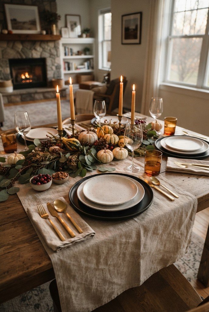 Thanksgiving table with black chargers, gold cutlery and pumpkins