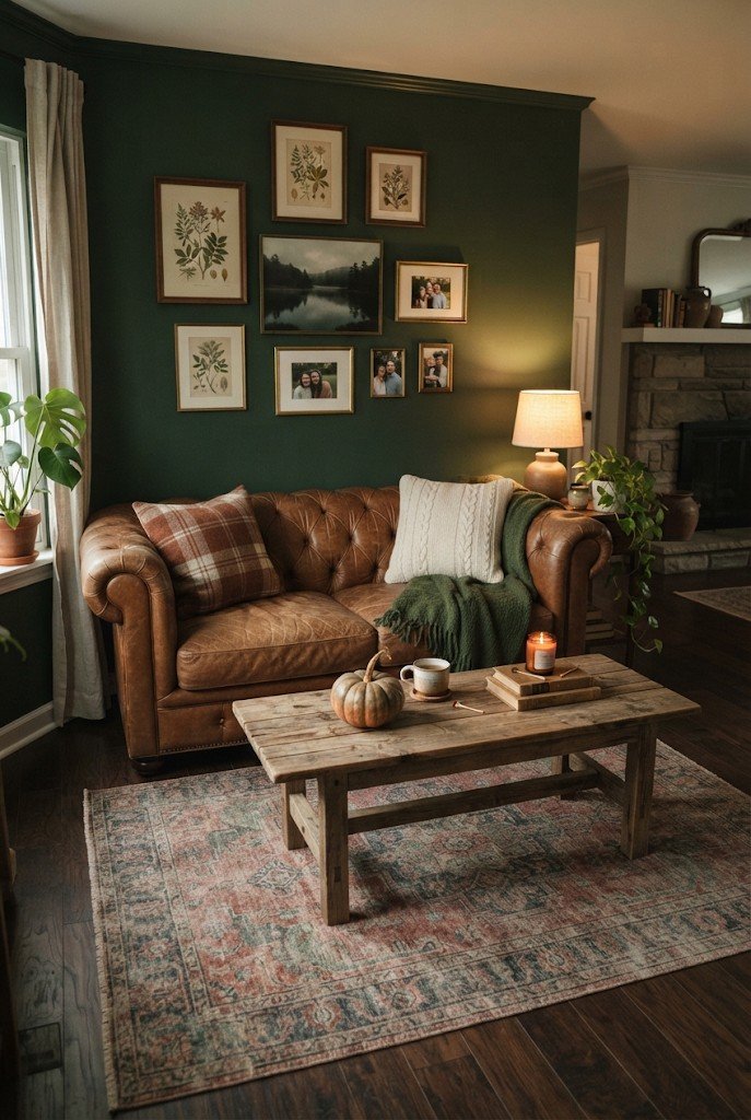 Sofa with plaid pillows and a cozy throw for fall