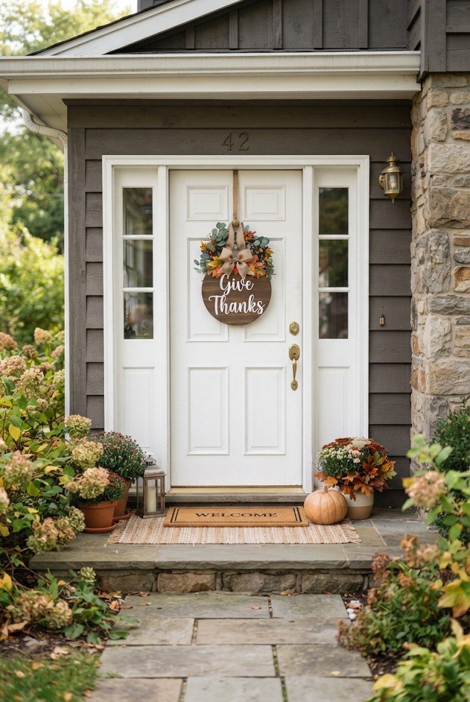Give Thanks wooden sign hanging on a front door