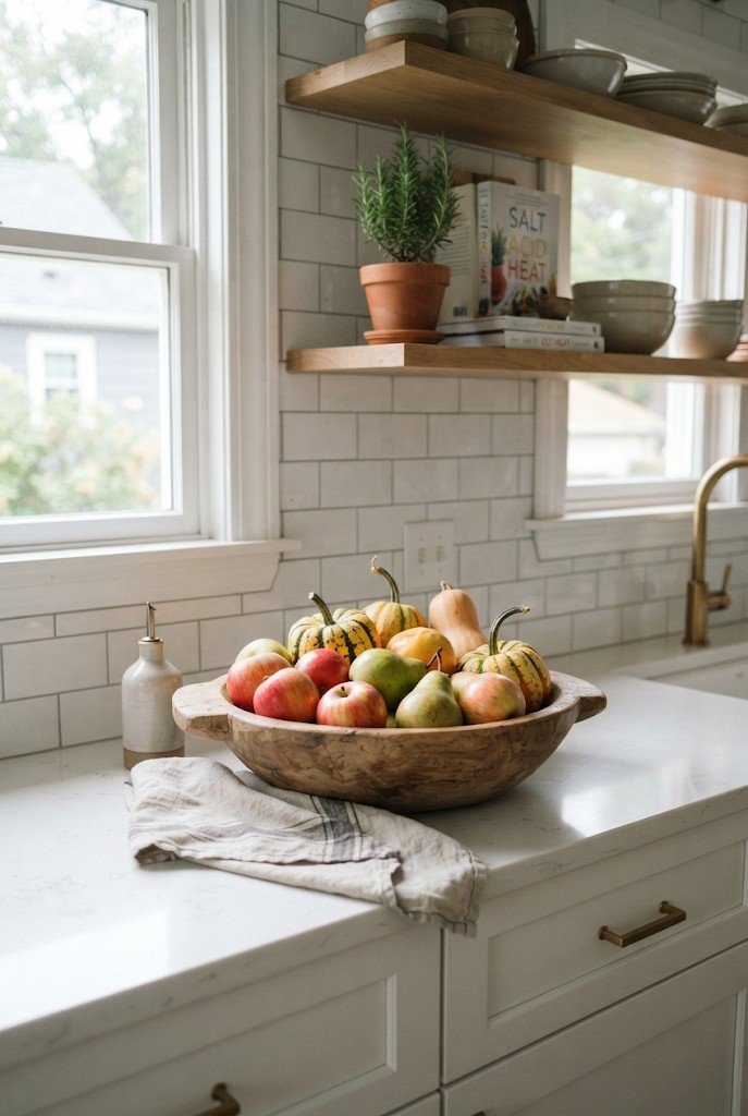 Harvest bowl of apples, pears and gourds on a kitchen counter