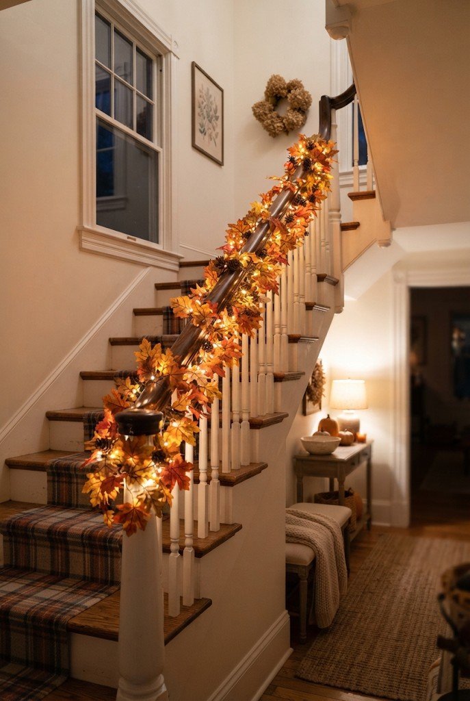 Staircase banister with a fall leaf garland and warm lights