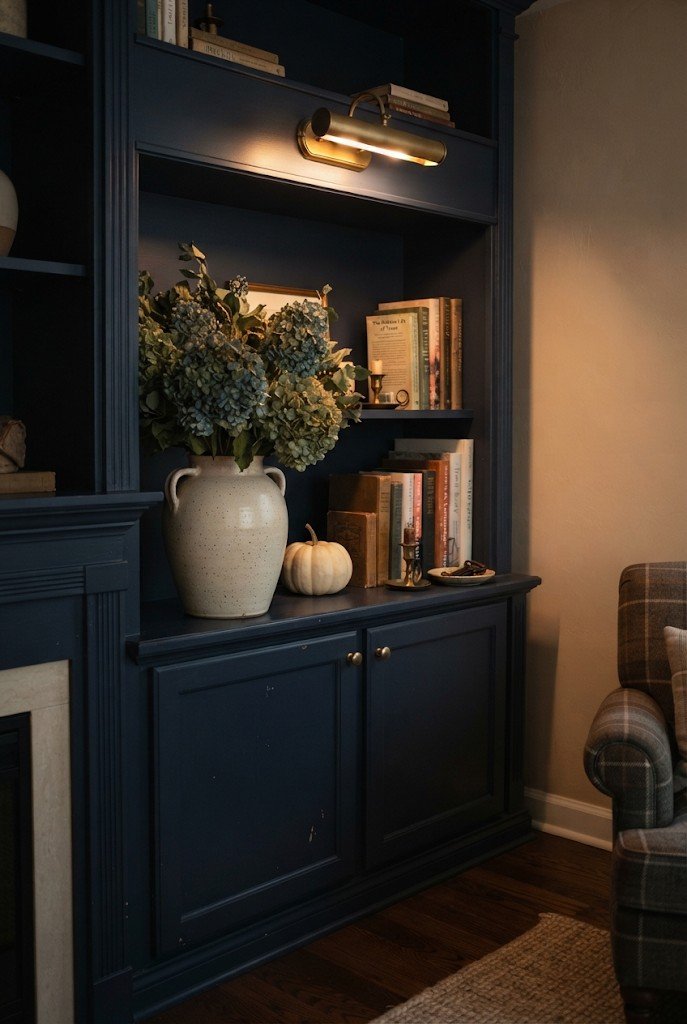 Dried hydrangeas in a vase on a bookshelf