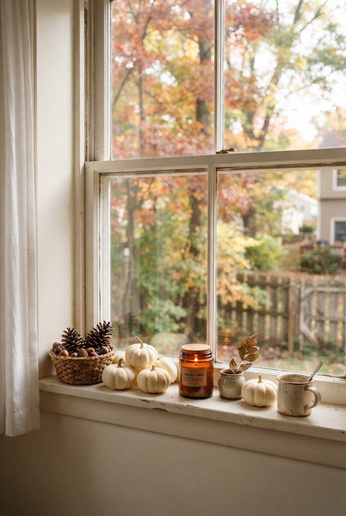 Window sill with mini pumpkins, pinecones and a candle