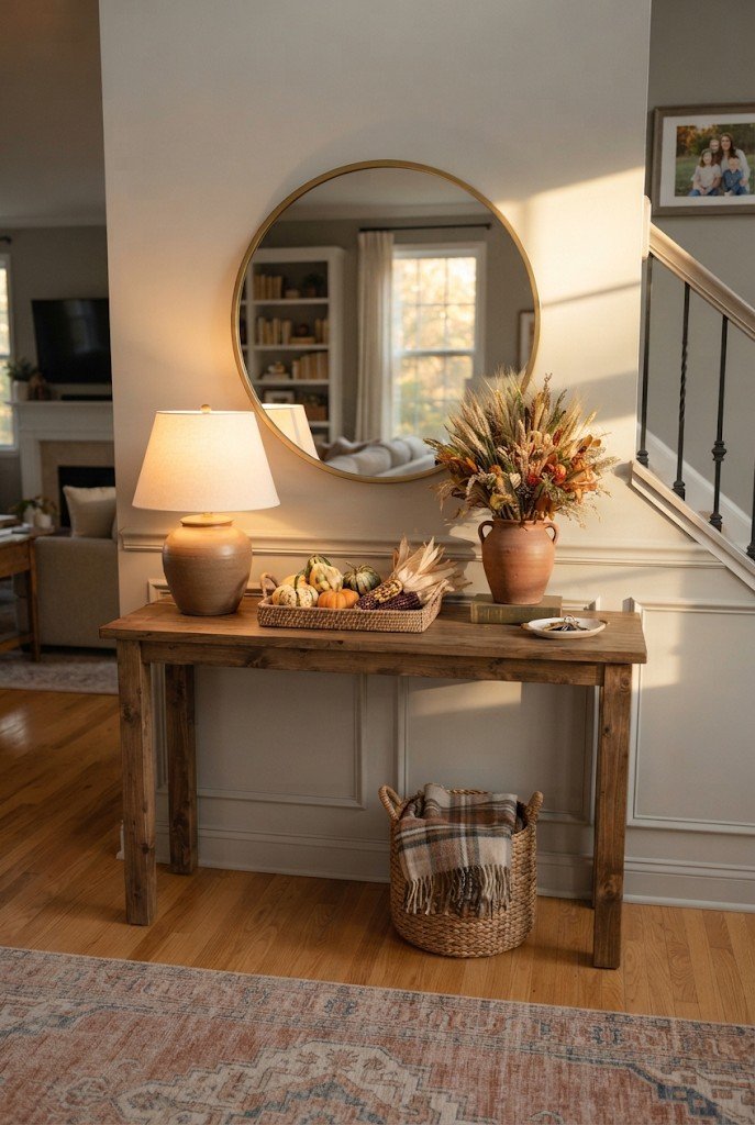 Entry table with wheat, gourds and a lamp