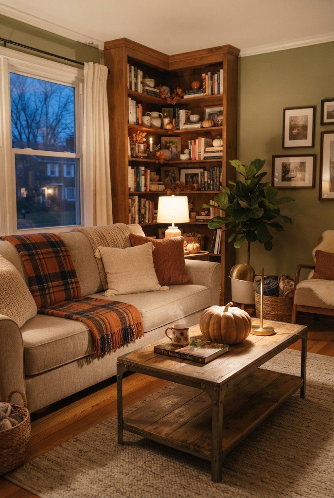 Living room with warm lamp light for fall evenings