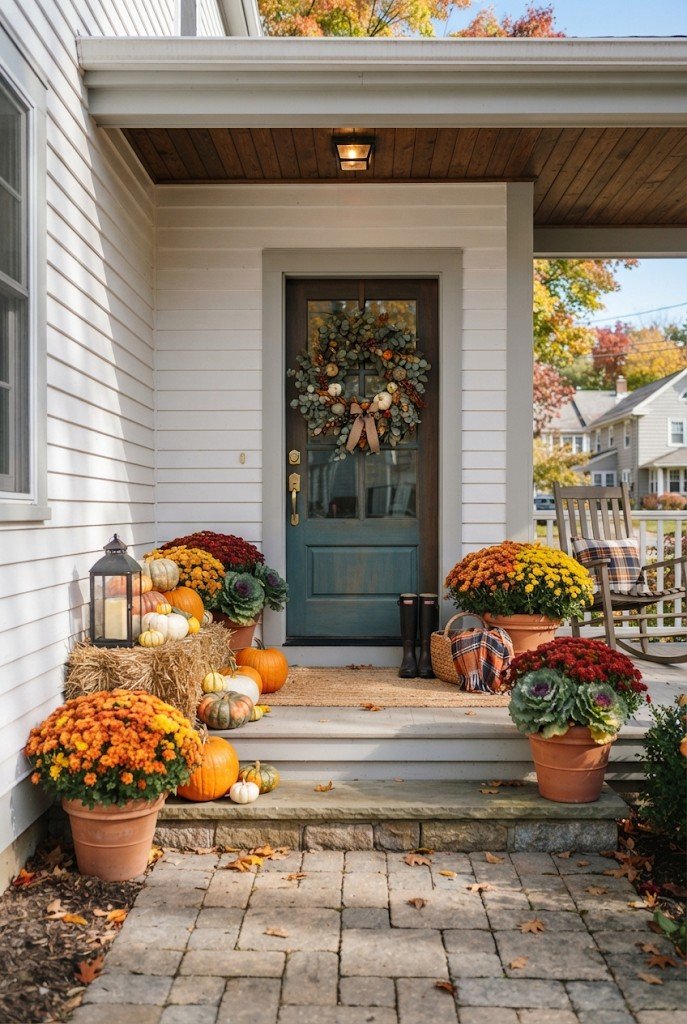 Porch with potted mums, a small hay bale and pumpkins