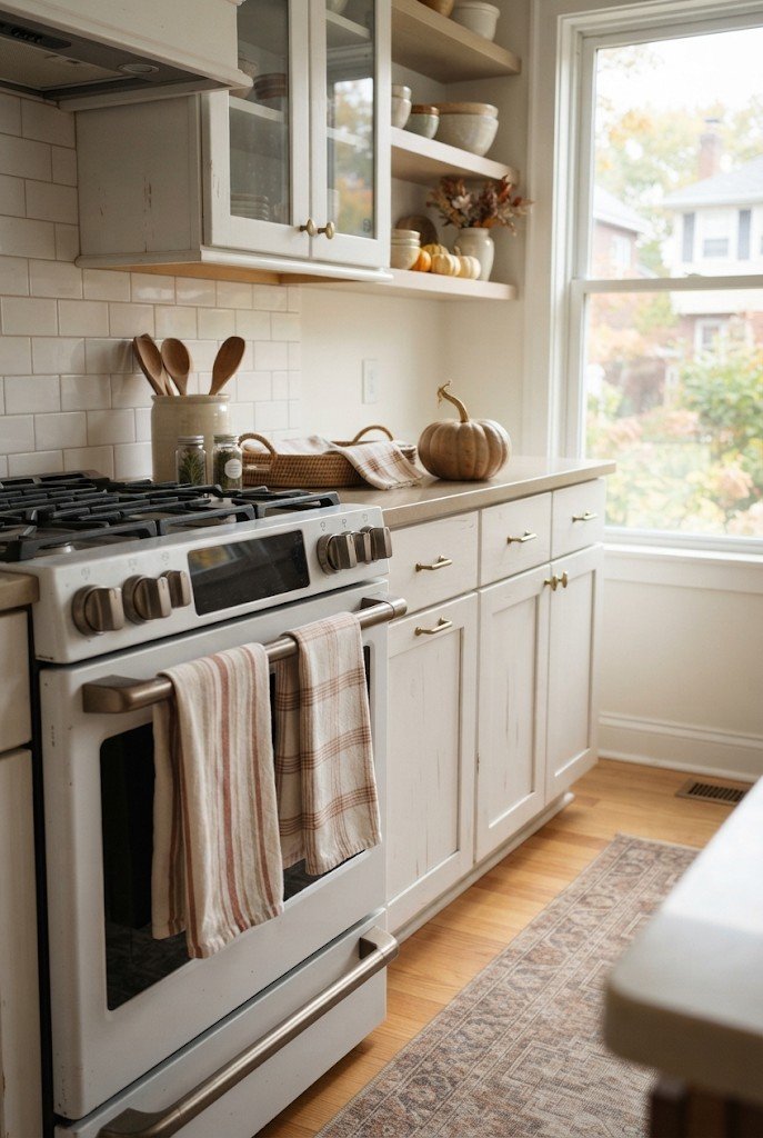 Fall kitchen towels in rust and cream on an oven handle