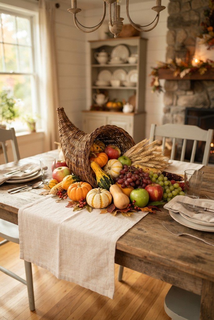 Wicker cornucopia centerpiece with gourds and fruit