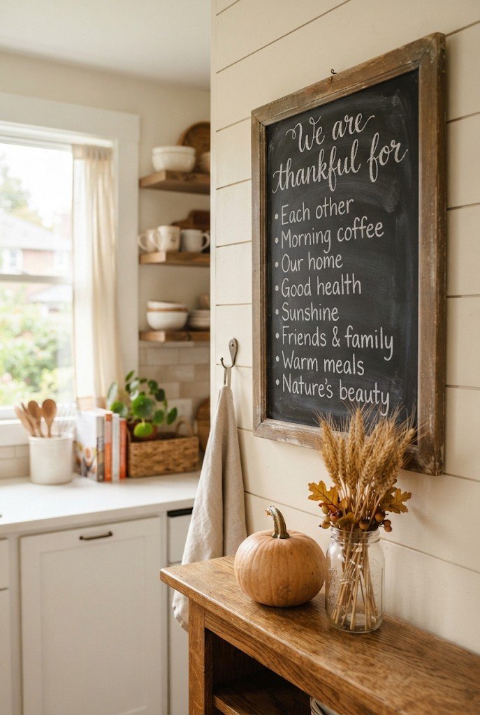 Chalkboard with a thankful list in a kitchen