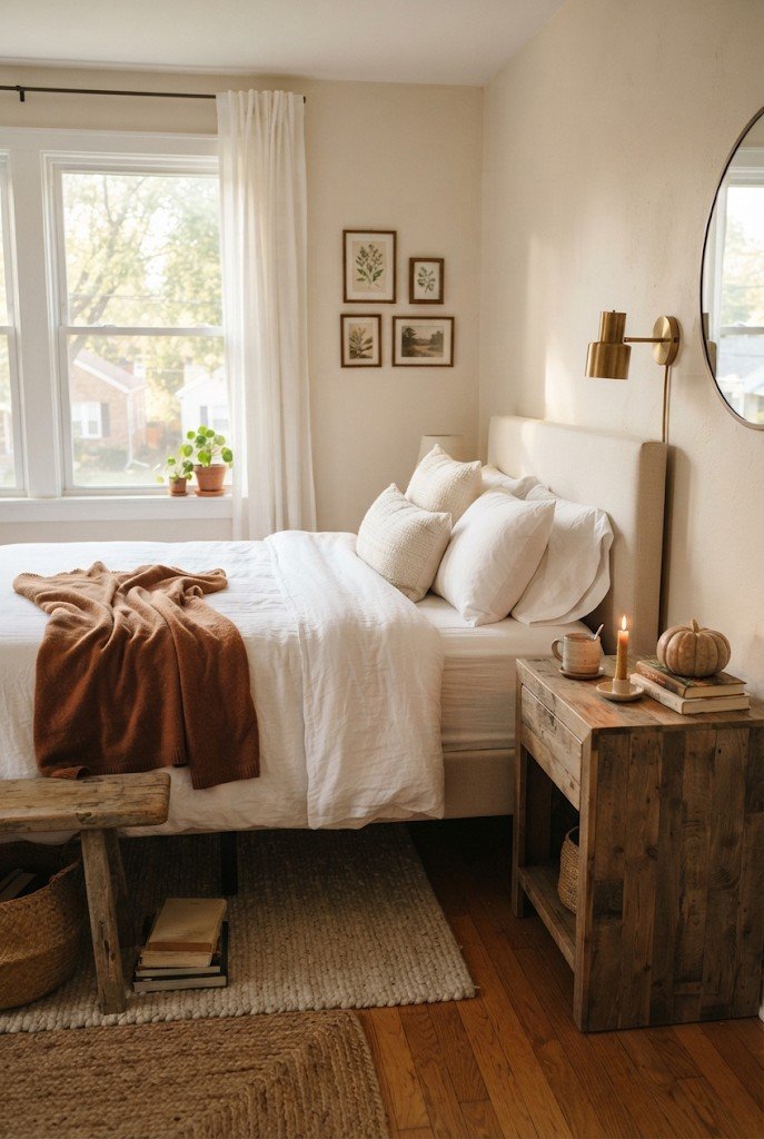 Bedroom with a rust throw and a pumpkin on the nightstand
