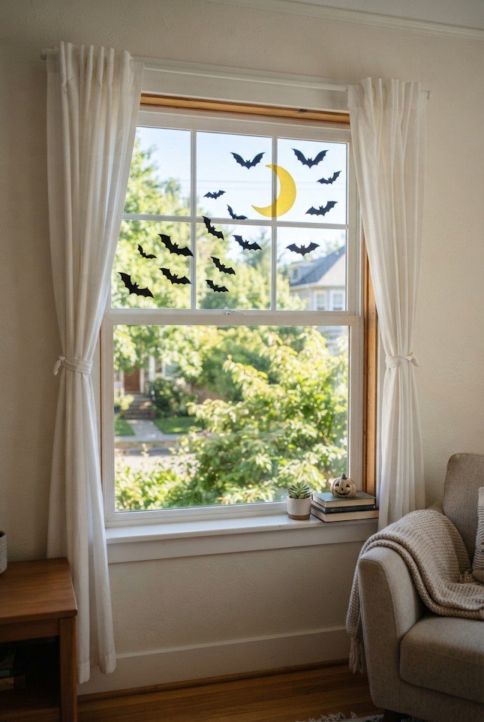 Bat and moon window clings on a bright apartment window